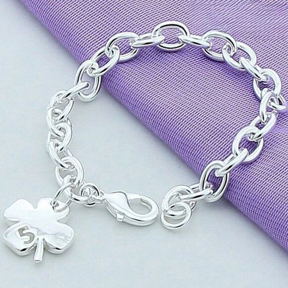 Clover Leaf Lucky Number 5 Link Bracelet Adjustable Sterling Silver Womens New - Picture 3 of 4